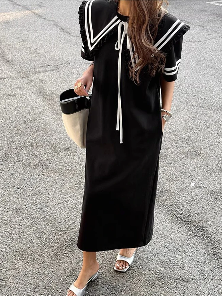 فستان SuperAen بياقة كحلي قابل للفصل للنساء صيفي جديد فضفاض بأكمام قصيرة تي شيرت طويل