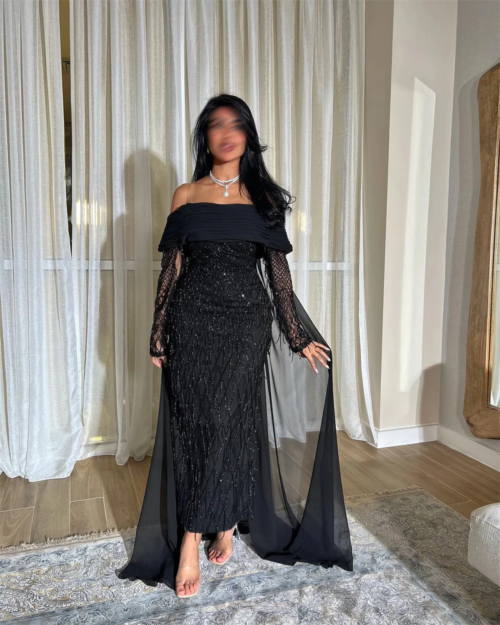 

Customized Classic Chiffon Evening Dresses Temperament Off the Shoulder Prom Dress Luxury Sweep Train Bespoke Occasion Gowns