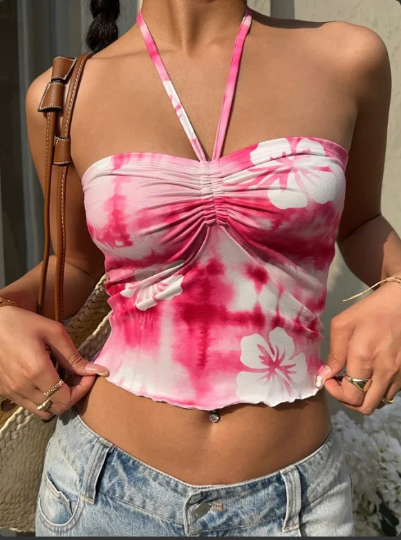 Summer European and American sexy tie dye vest, strapless women's top Foreign trade vacation style hanging neck suspender top