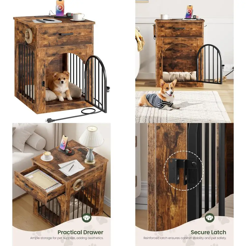 

Wooden Dog Crate Furniture with Charging Station and Storage, Small Breed Indoor Pet Crate Table