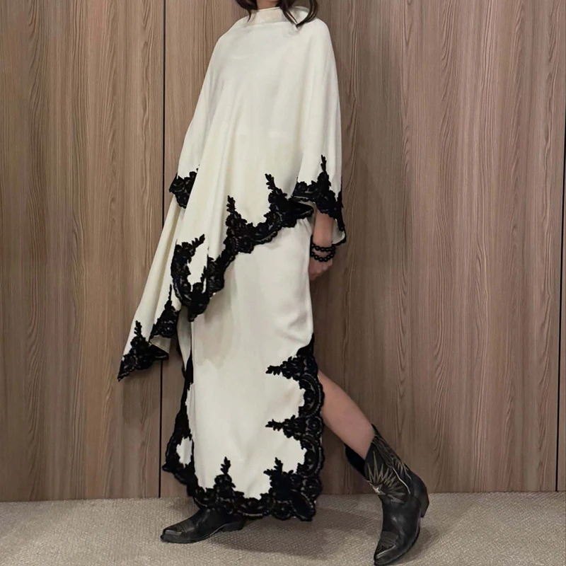 

Temperament Lady Sets Fashion Color Blocked O-neck Shawl Tops&Half Skirts Sets Elegant Solid Color Spliced Lace Commute Outfits