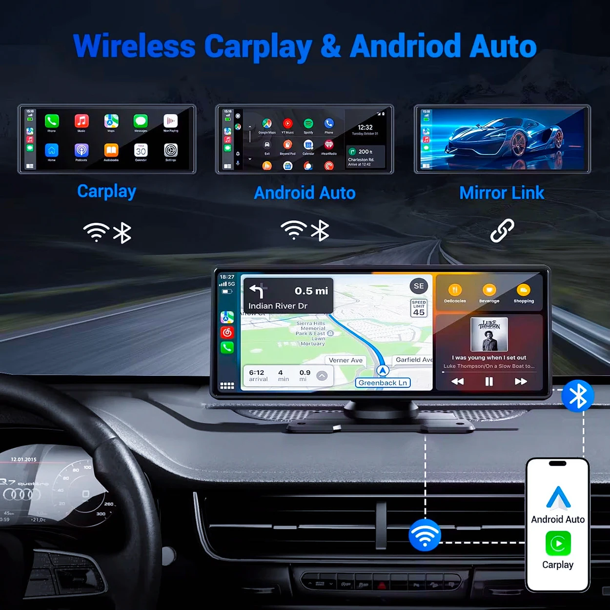 Pionray 10.26 بوصة المحمولة 4K سيارة DVR اللاسلكية Carplay و أندرويد السيارات لتحديد المواقع والملاحة مسجل فيديو لوحة القيادة عدسة مزدوجة واي فاي FM