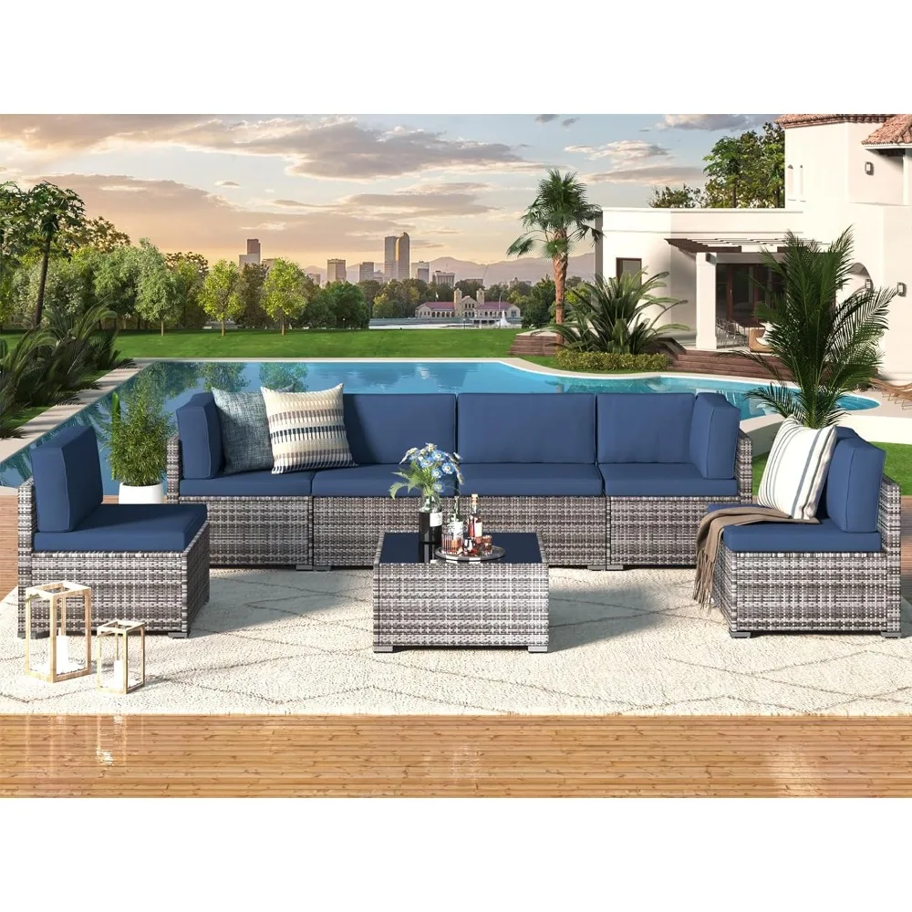 Outdoor Wicker Mobília do pátio Set, PE Rattan, cadeira secional, cinza, 7 Pcs