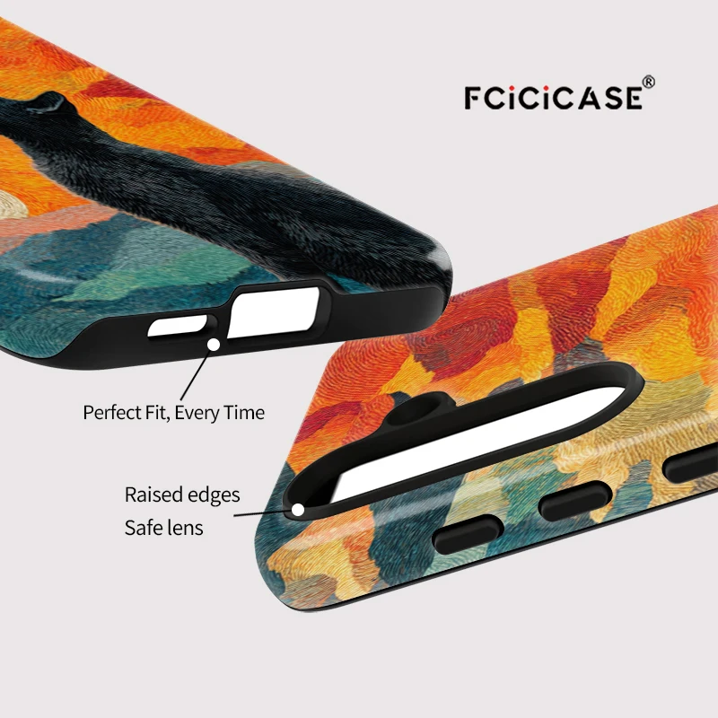 Fcicicase طبقة مزدوجة ماتي جراب هاتف لسامسونج غالاكسي A26 A56 A36 A16 5G لطيف القط الأسود نمط للصدمات غطاء سيليكون