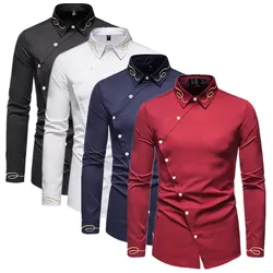 New Men Unique Design Lapel Shirt Black / Red / White Fashion Male Wedding Prom Party Dress Embroidery Shirts