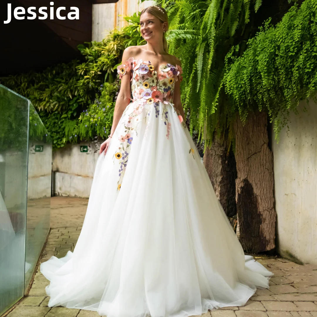 Jessica 3D Decals Wedding Dress Off-the-shoulder Tulle Prom Dresses A-shaped Sweet Fairy Party Dressese Vestidos De Fiesta