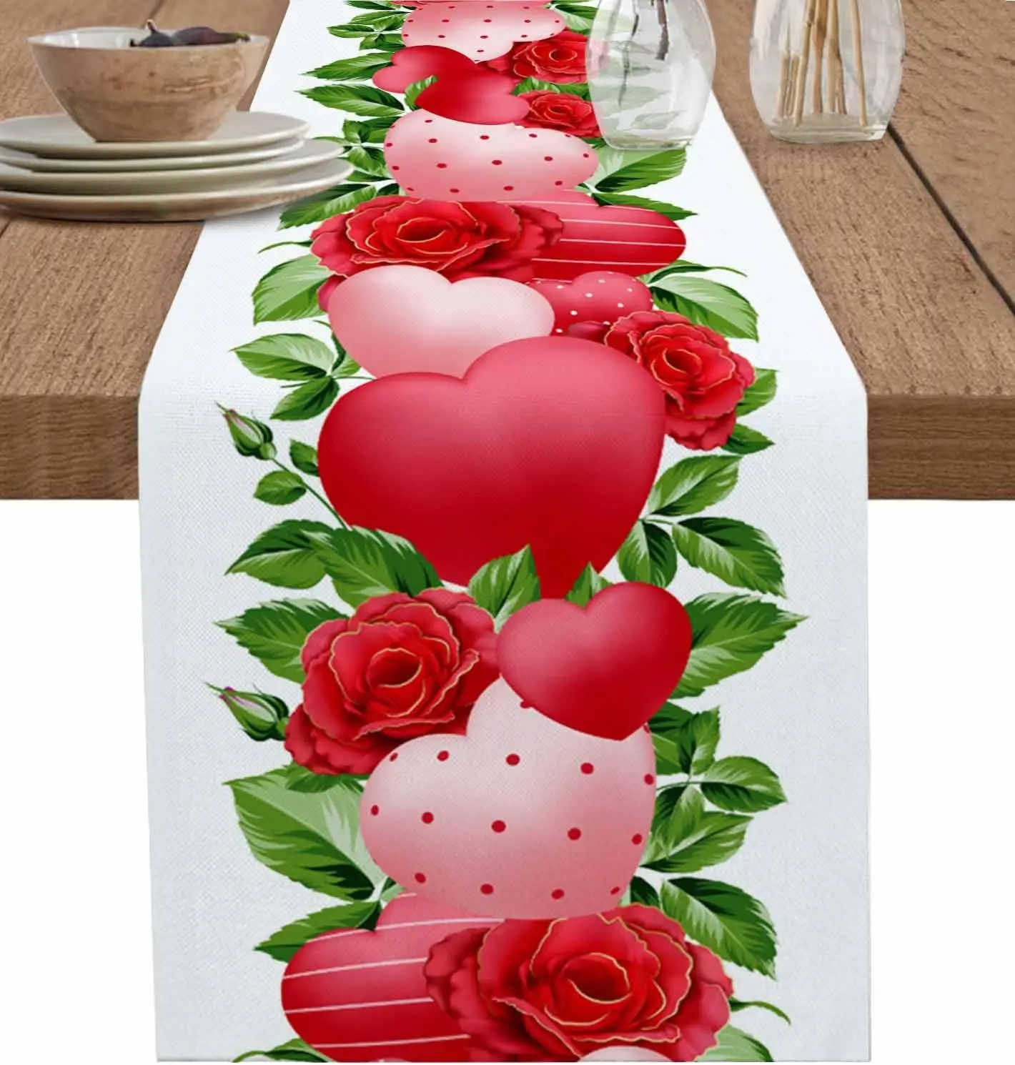 Valentine's Day Rose Love Heart Leaves Linen Table Runner Party Decor Washable Kitchen Dining Table Runner Wedding Decorations