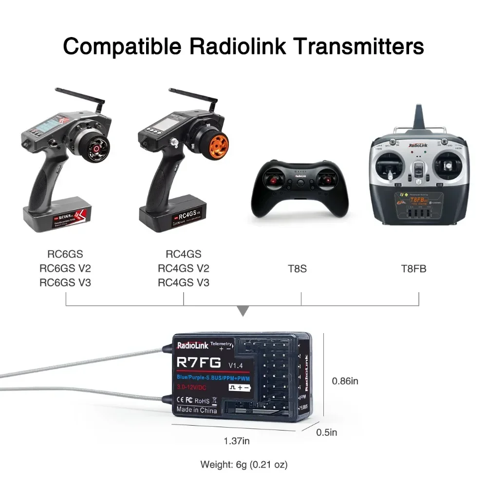 Radiolink R7FG 7 Kanaals 2.4G Gyro RC Ontvanger SBUS PPM PWM Spanningsoverdracht Telemetrie 600 m Lange afstand RX voor RC Auto Boot