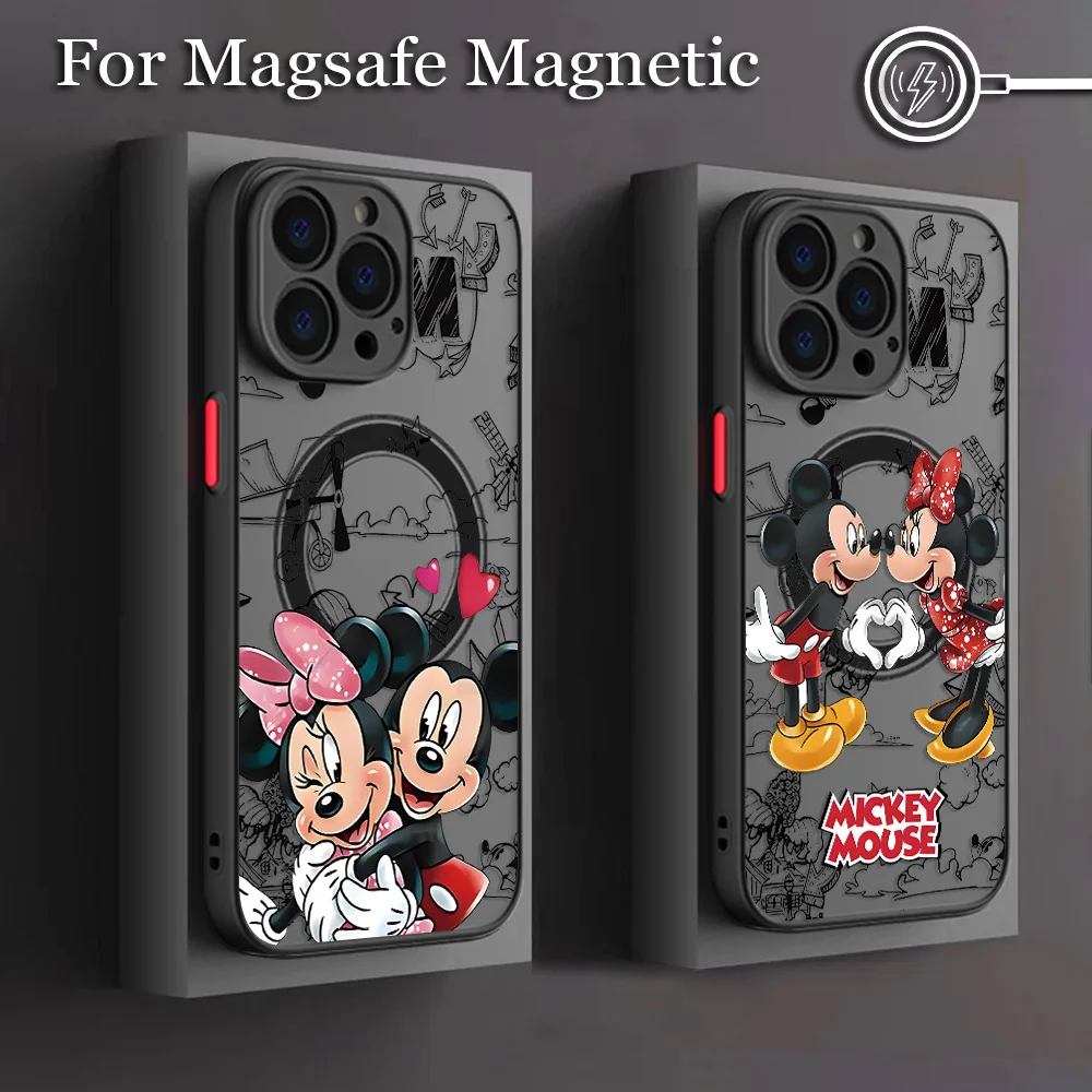 Capa Magnética Fosca para iPhone 17 16 15 14 13 12 11 Pro Max Mini XR XS X 7 8 Plus com Design Adorável do Mickey e Minnie