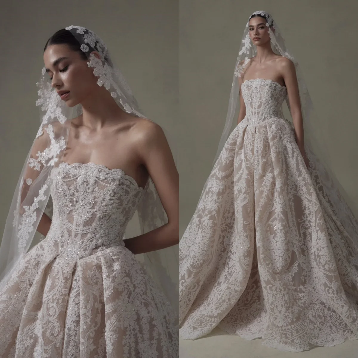 カスタムメイドの高級繊細なレースのブライダルドレス、絶妙なレースアップバック、クリスタル装飾のストラップレスウェディングドレス
