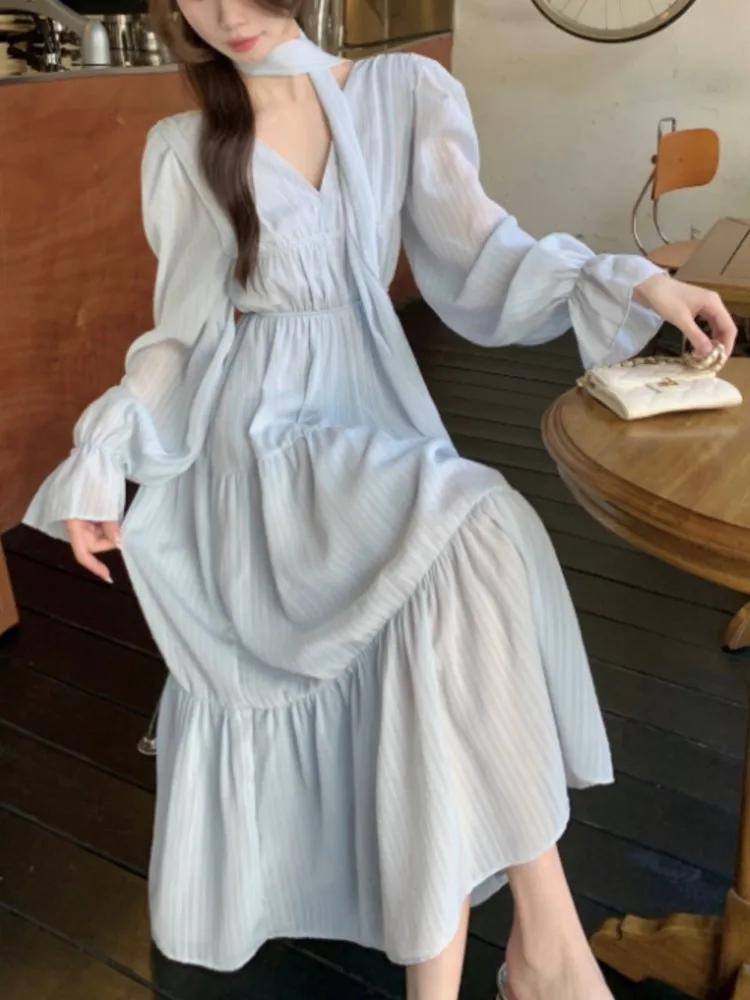 

French V Neck Lace-Up Long Dress for Women Elegant Lantern Sleeve Princess Party Prom A Line Loose Dresses Casual Vestidos Robe