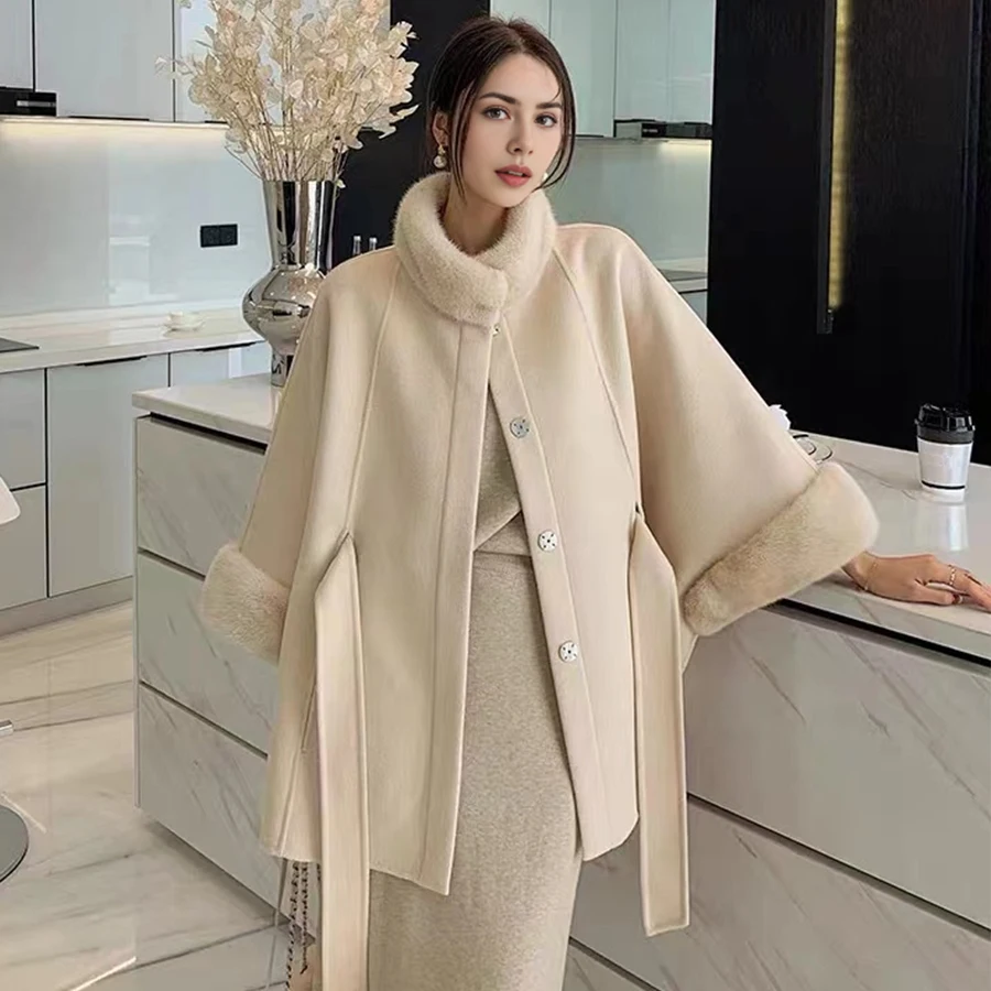 เสื้อแจ็คเก็ตผสมขนสัตว์พร้อมเข็มขัด เสื้อโค้ทขนสัตว์ผู้หญิง เสื้อโค้ทแคชเมียร์ผู้หญิงสไตล์ใหม่สุดหรู