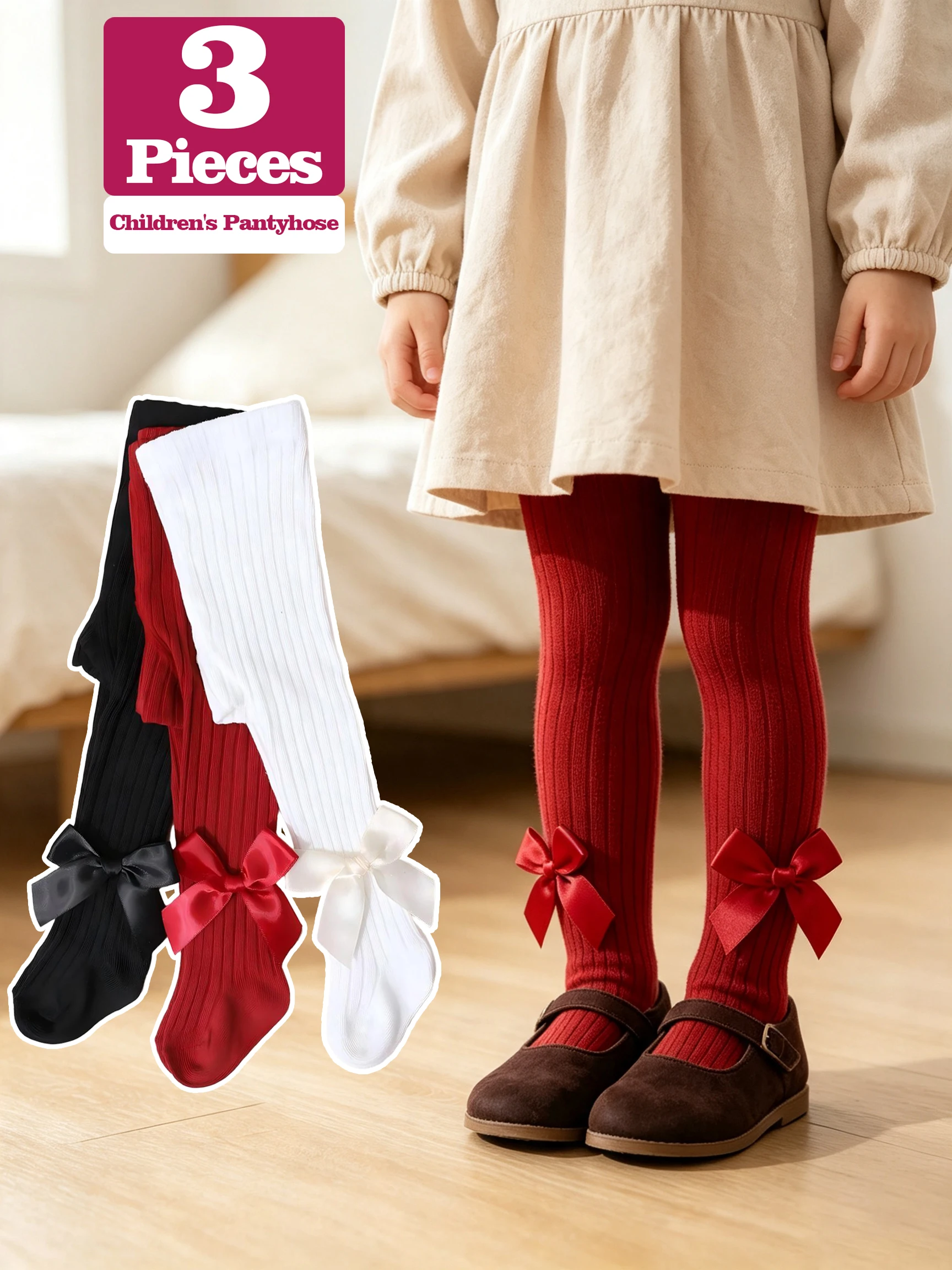 3Pack Toddler Baby Girls Vertical Rib Tights Glossy Satin Bow Soft Elastic Solid Pantyhose All Season Daily Outfit Leggings 0-2Y