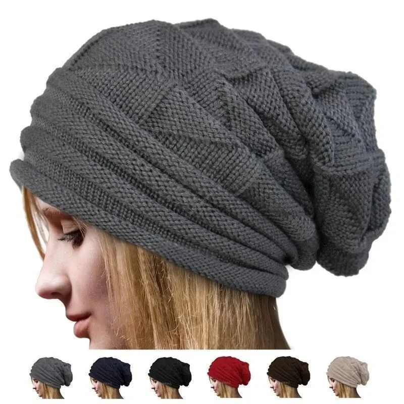 Stile europeo autunno inverno moda Unisex Knit Crochet Solid Warm Baggy Beanie Hat oversize Slouch Cap