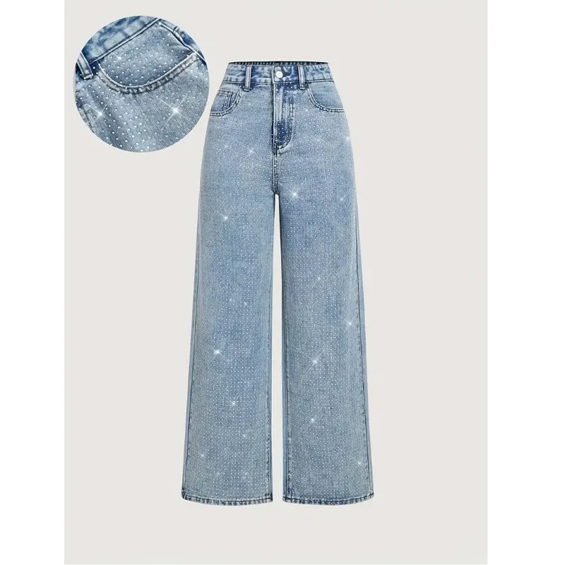

Women Diamonds Spliced Jeans Elegant Casual Waist Denim Pants Solid Pockets Button Pant Washed Slight Strech Autumn Winter