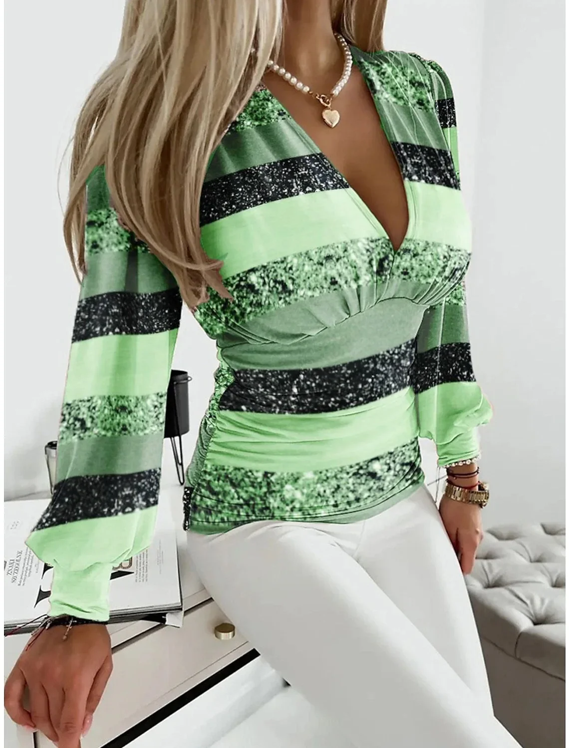 

V Neck Print Women Tops Full Puff Sleeve Casual Striped Regular Shirts Slim Fit Splice Simple Autumn Ladies 2023 Pleated Top