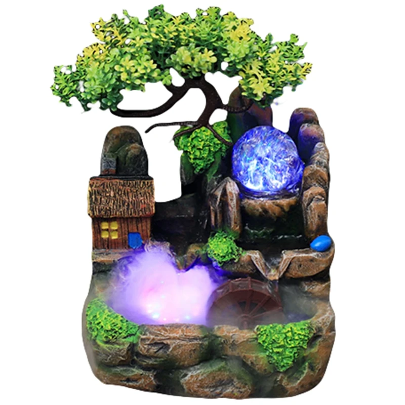 

Resin Crafts Feng Shui Fountain Home Office Decor Indoor Water Fountain Rockery Landscape Ornament Waterfall -US Plug