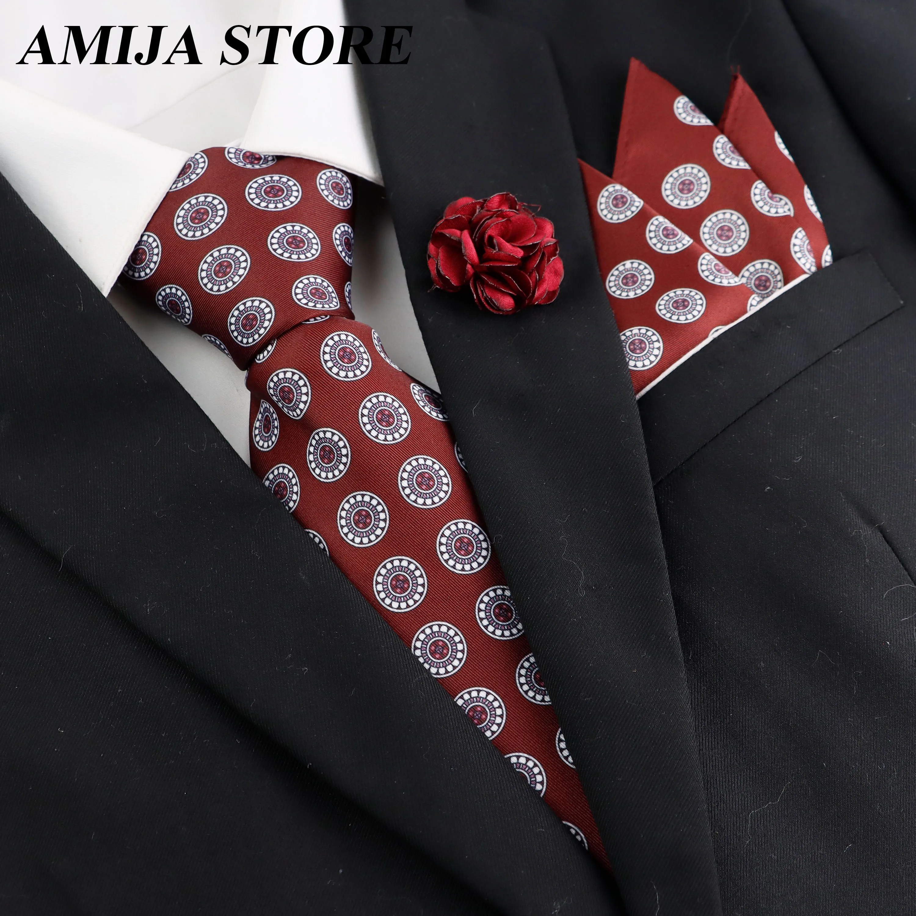 Men's Tie Set 3-Piece Geometric Paisley Print Necktie Red And Navy Blue Pocket Square Brooch, Polyester Wedding Business Gift