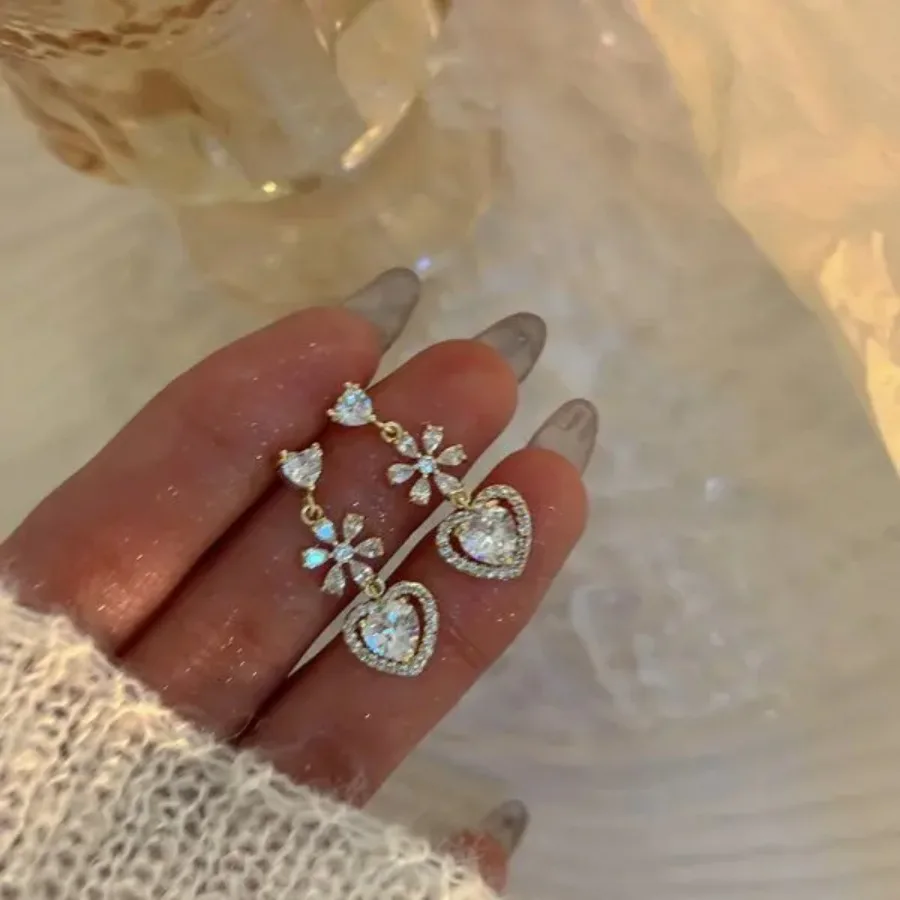 Exquisite Pink Heart Shape Bowknot Stud Earrings For Women Shining CZ Zircon Love Earring Girl Wedding Party Temperament Jewelry
