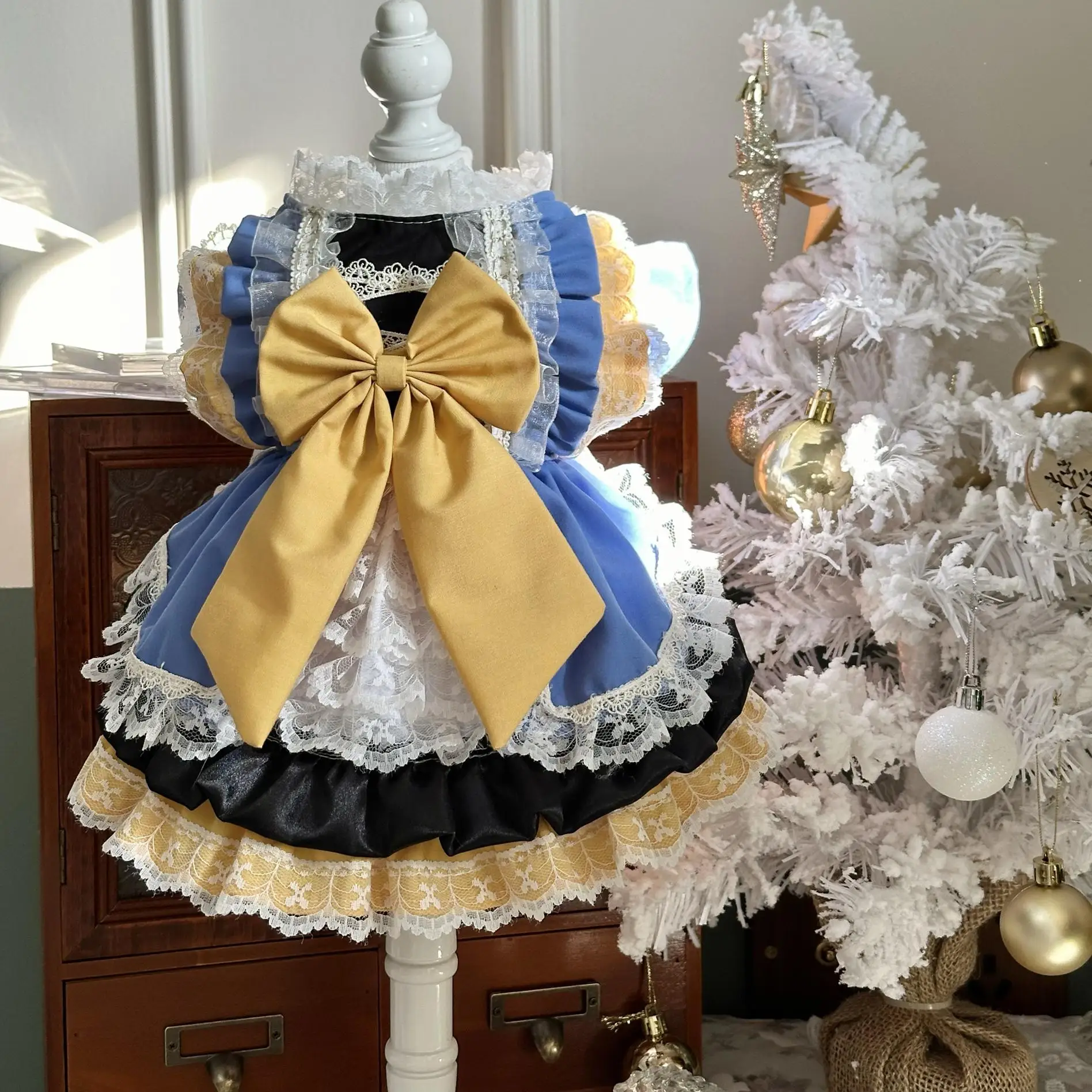 

Pure Cotton Yellow Blue Pet Dog Clothes Simple Handmade Cute Big Bow Party Dresses For Small Medium Dog Poodle Puppy Clothing
