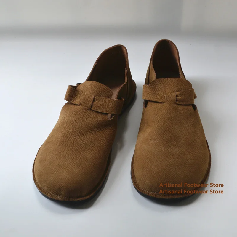 

Retro Buckle Strap Loafers Men's Genuine Leather Single Shoes Wide Round Toe Cowhide Shoes Trendy Men's Flats Leather Shoes