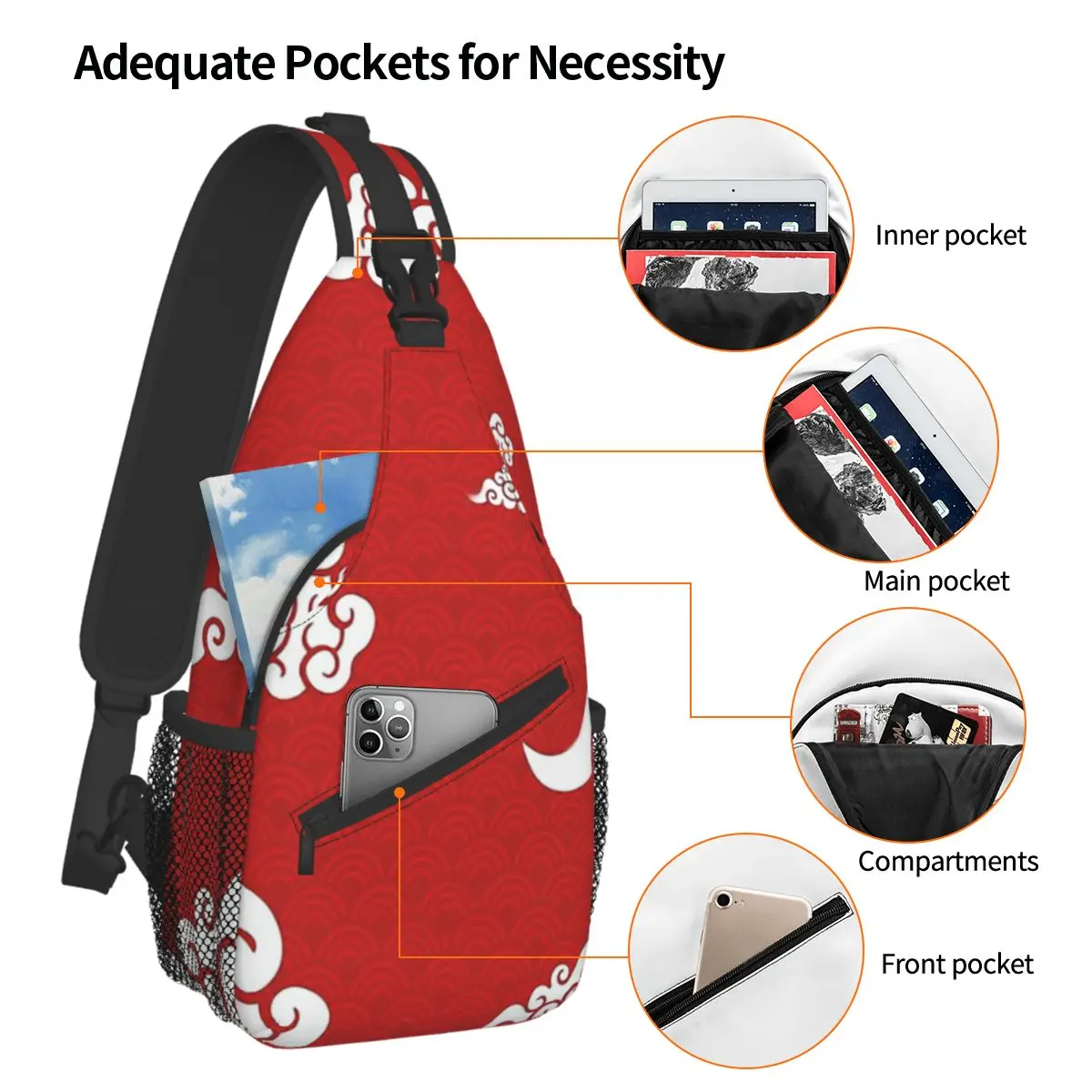 Akatsuki Red Cloud Crossbody Chest Bags Geometric Patterns Pockets Travel Pack Messenger Sports Teens Shoulder Bag Unisex