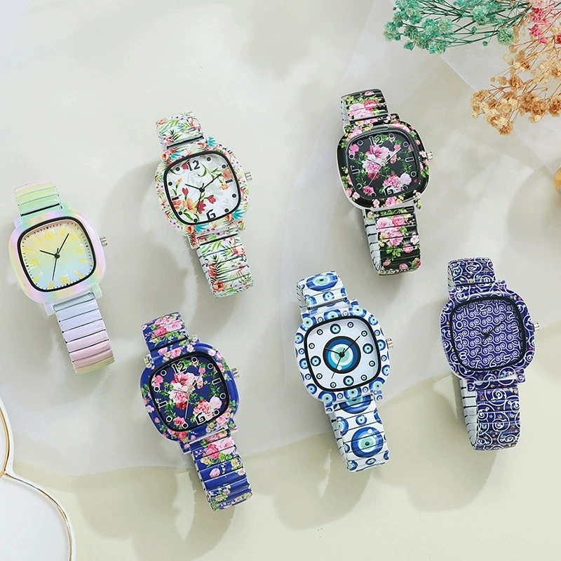 New Fashion Luxury Woman Square Adjustable Spring Band Bracelet Watch Women Flowers Stainless Steel Quartz Watches Students Gift