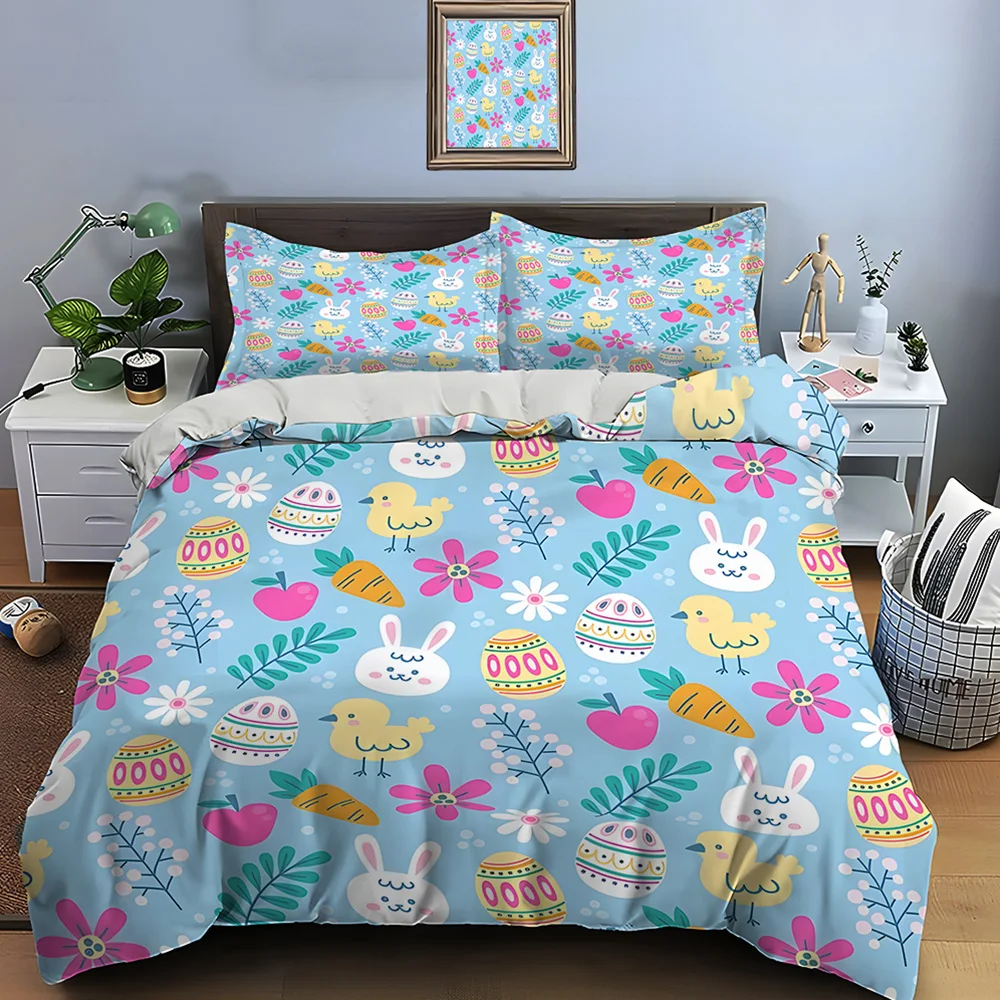 Cute Easter Element Pattern Bedding Set for Kids Luxury Gift 3pcs Digital Print Comforter Set Soft Comfortable Breathable