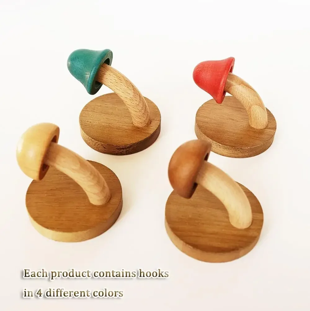 

4PCS Wooden Mushroom Coat Hooks, Wall Mounted Towel Hanger, Solid Wood, Colorful, Set Of Hooks With Screws (4 Hooks & 8 Screws)