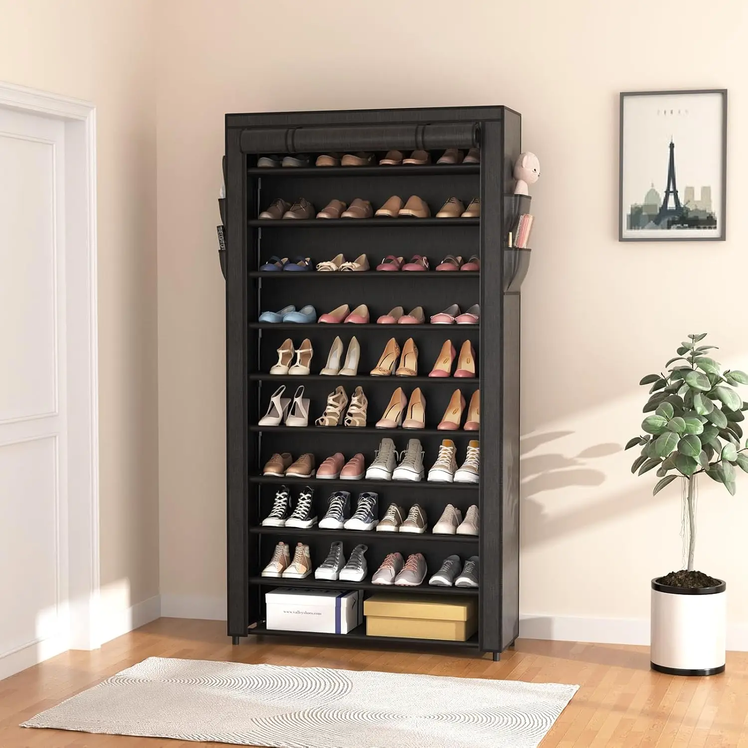 Shoe Organizer Cabient, Tiers Rack with Door, Plastic Shoes Storage Cabinet Expandable Free Standing