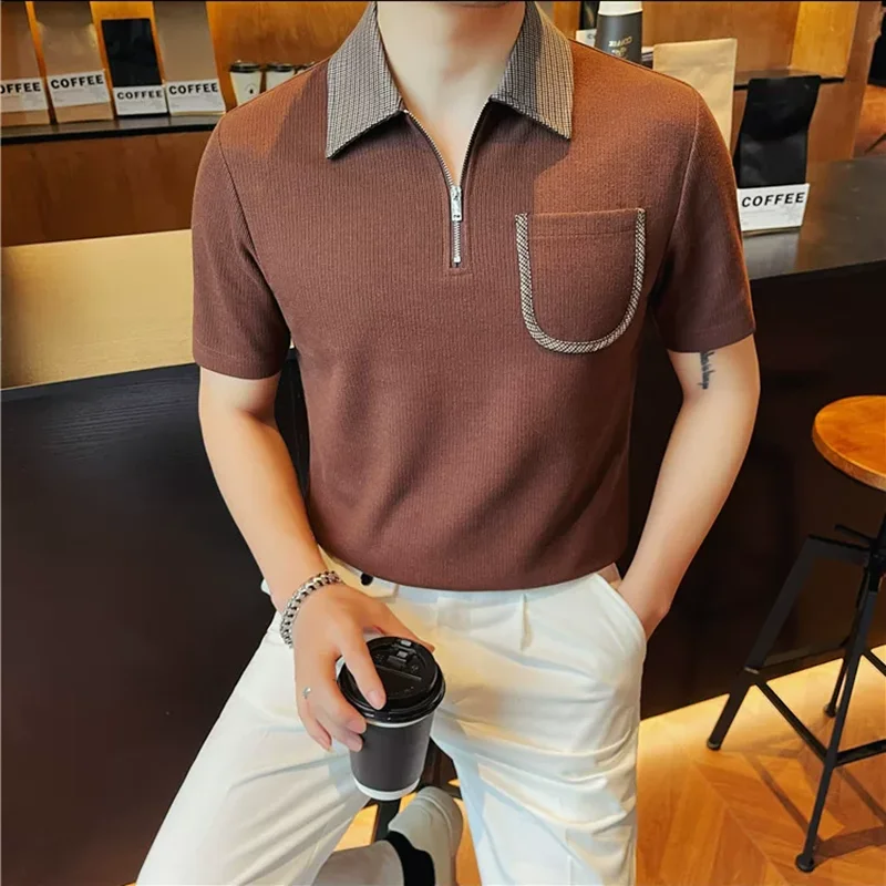 2026 Summer New Men's Short Sleeved Polo Shirts Grid Collar Zipper Splicing Design Fashion Casual Business Men Slim Fit T shirt