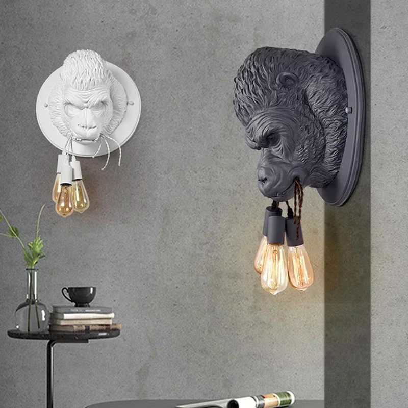 Animal Head Wall Light Creative Resin Bulldog Dog Head Orangutan Design Living Room Bedroom Decor Interior Animal Wall Lamp