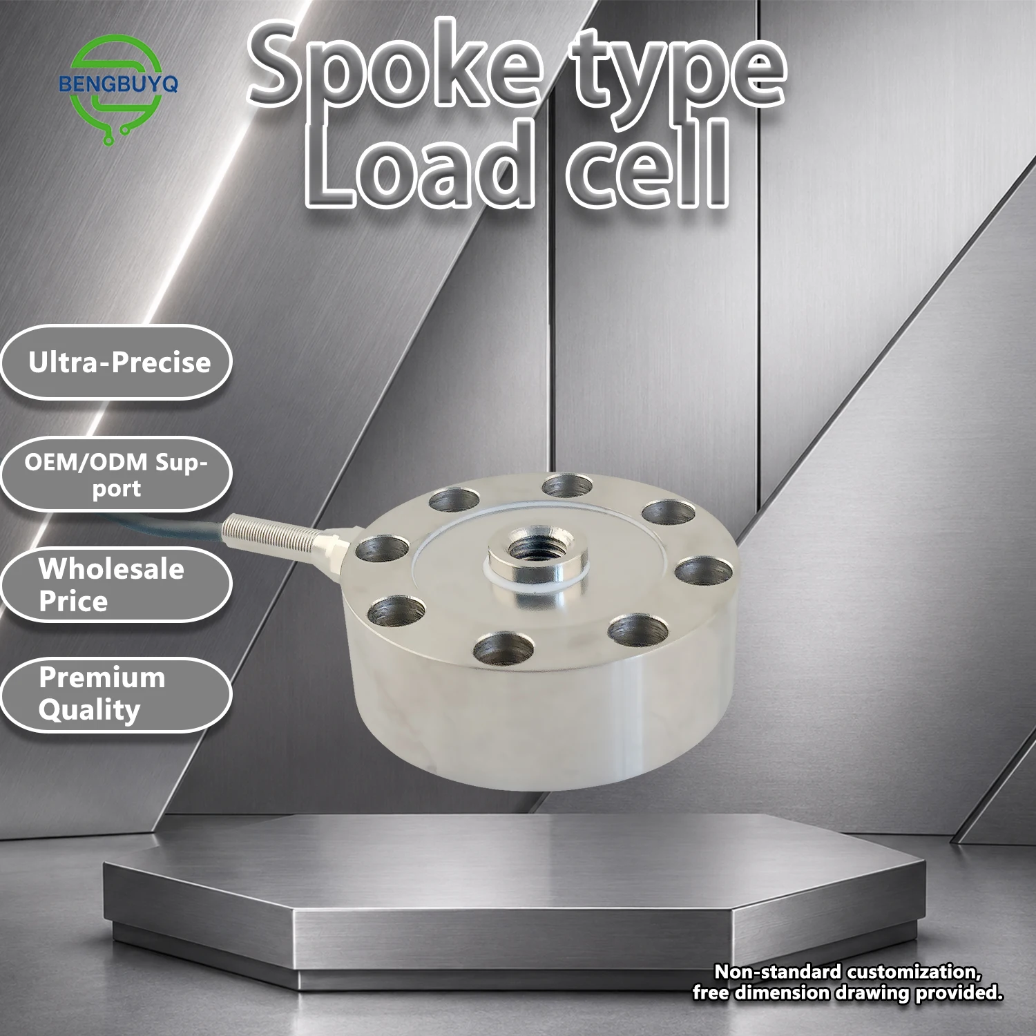LF1 Spoke Load Cell Compression Force Sensor, 2.0±0.05mV/V Output, 4-Wire Bridge, 5-12V Excitation, 30kg-100t Options, With