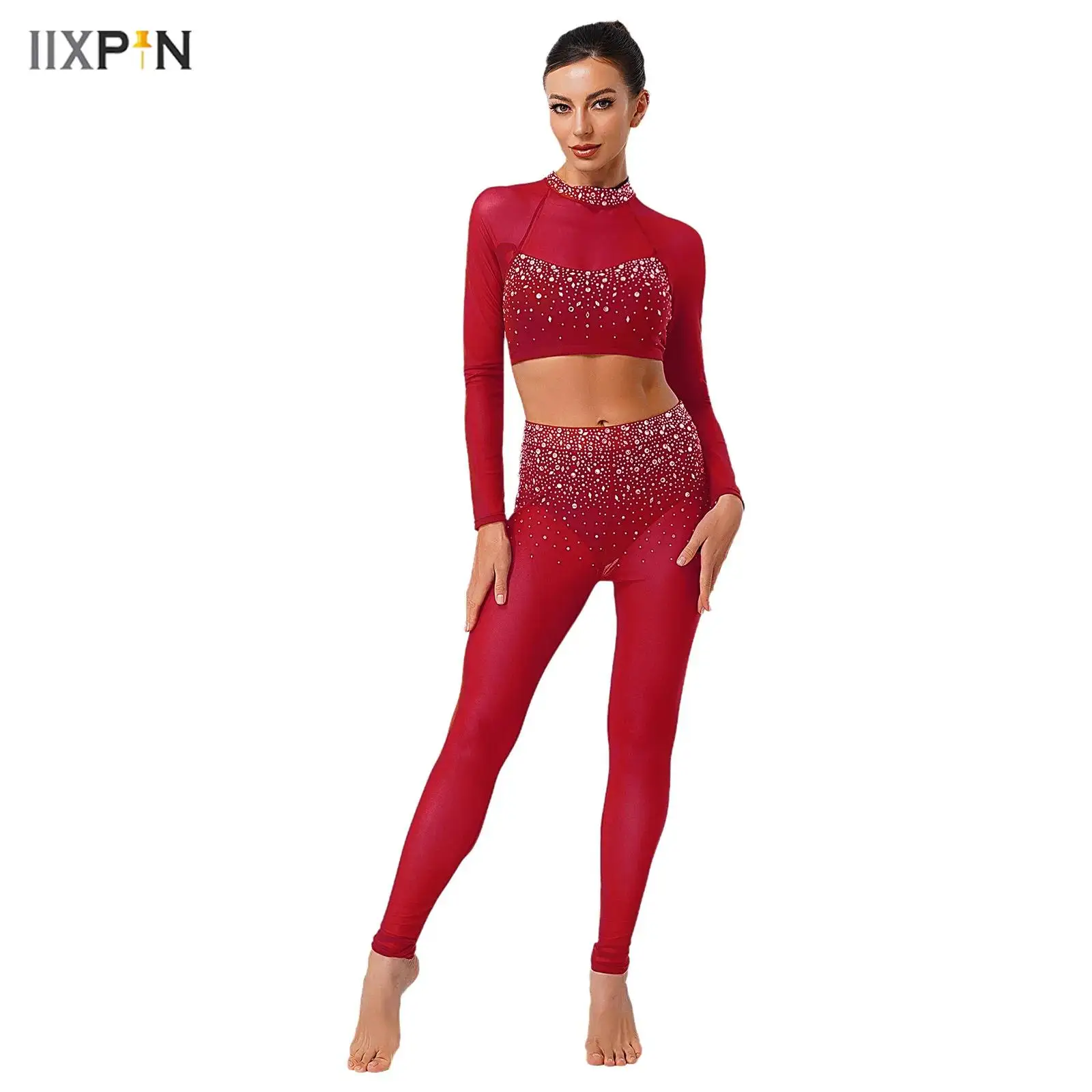

Women's Gymnastics Workout Dance Outfits Long Sleeve Mesh Patchwork Crop Top+Built-in Briefs Leggings Tights for Latin Dancewear
