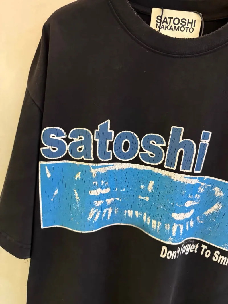 Satoshi Nakamoto Blue Crack Print Shirts Washed Retro Heavy Fabric Oversized Black T-Shirts