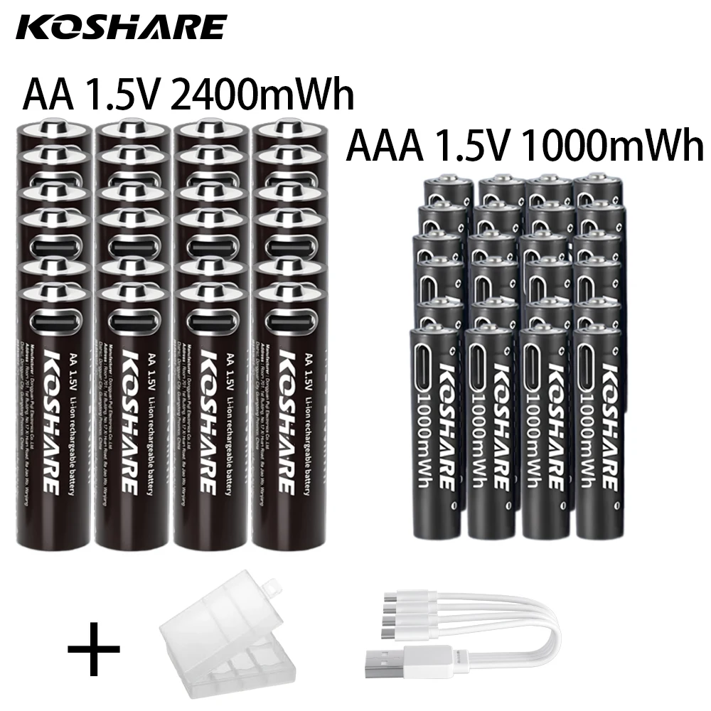 

KOSHARE 1.5V AAA/AA2400mWh 1000mWh Rechargeable Battery USB Type-C Rechargeable Li-ion Battery For Remote Control +Type-C Cable