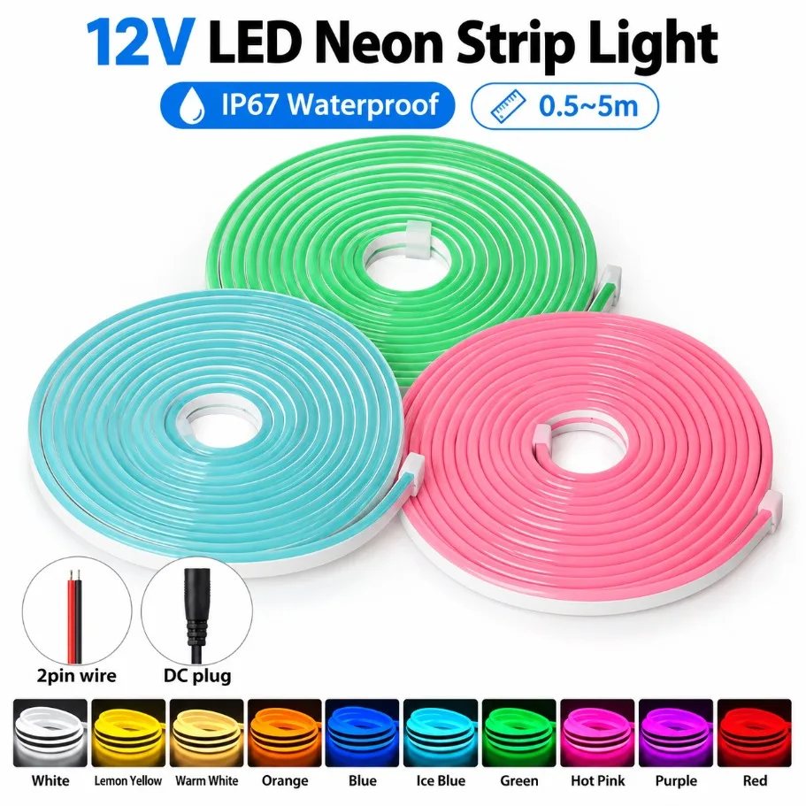 0.5-5M Multi Color 12V LED Neon Strip Light IP67 Waterproof Silicone Flexible Strip Light for DIY Home Party Outdoor Decor