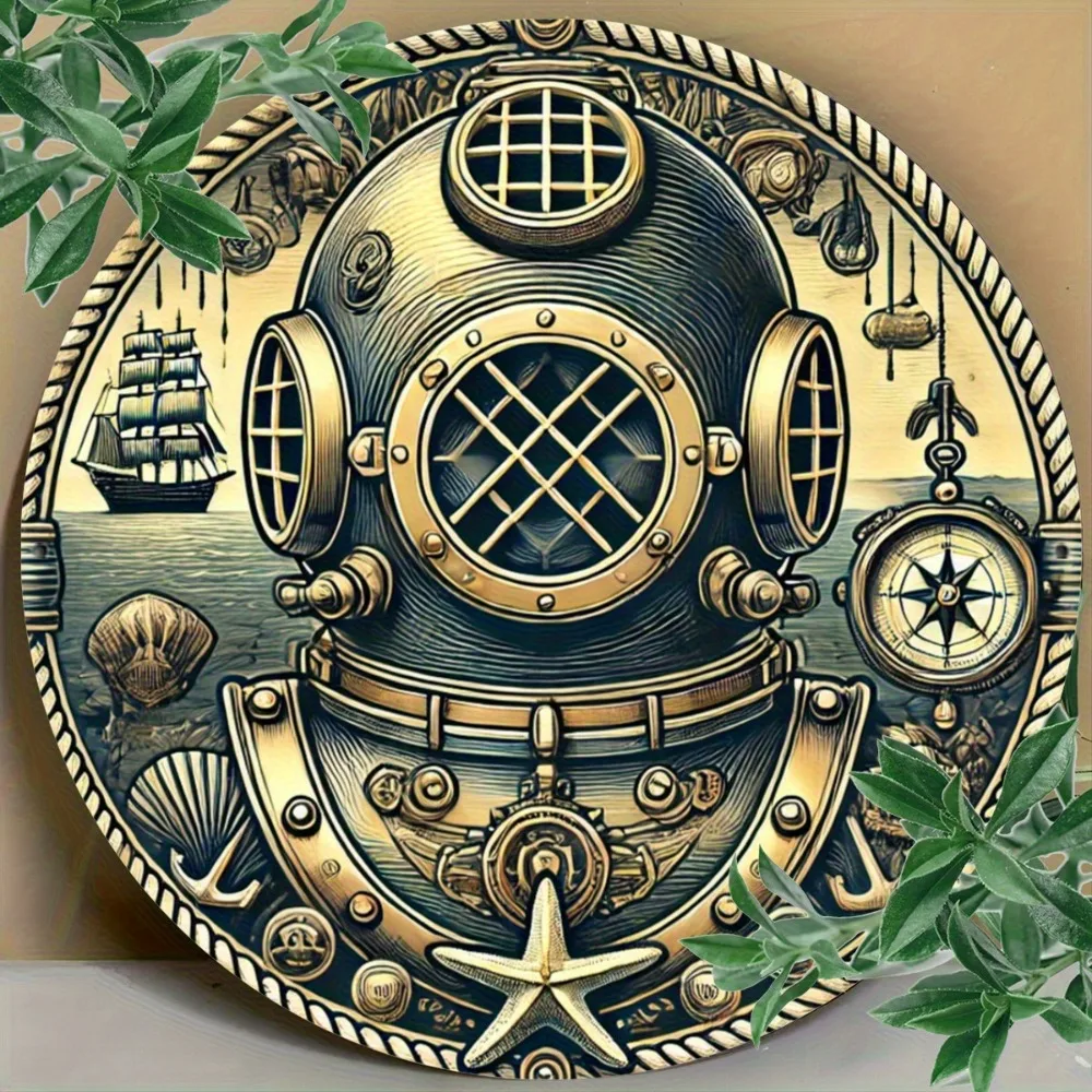 Vintage Nautical Diver Helmet Metal Wall Art Sign 20x20cm Iron Foil Engraving Underwater Home Decor