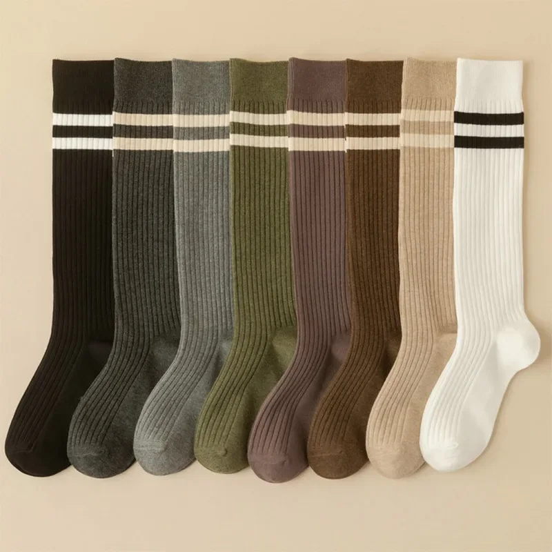 Calcetines largos de algodón a rayas para mujer, medias hasta la rodilla, tubo largo, pierna, Color sólido, cálido, japonés, JK, negro, blanco, niñas, estudiantes
