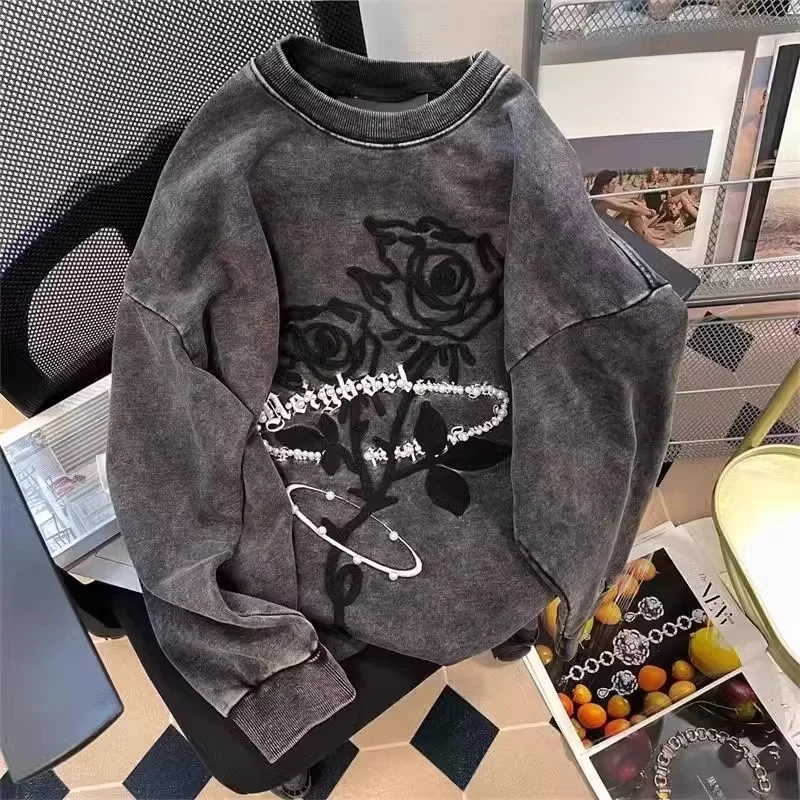 

Толстовка с круглым вырезом и принтом роз, утепленная флисом, с длинными рукавами, унисекс, осенне-зимняя, теплая, удобная, хлопковая, с круглым вырезом, S...