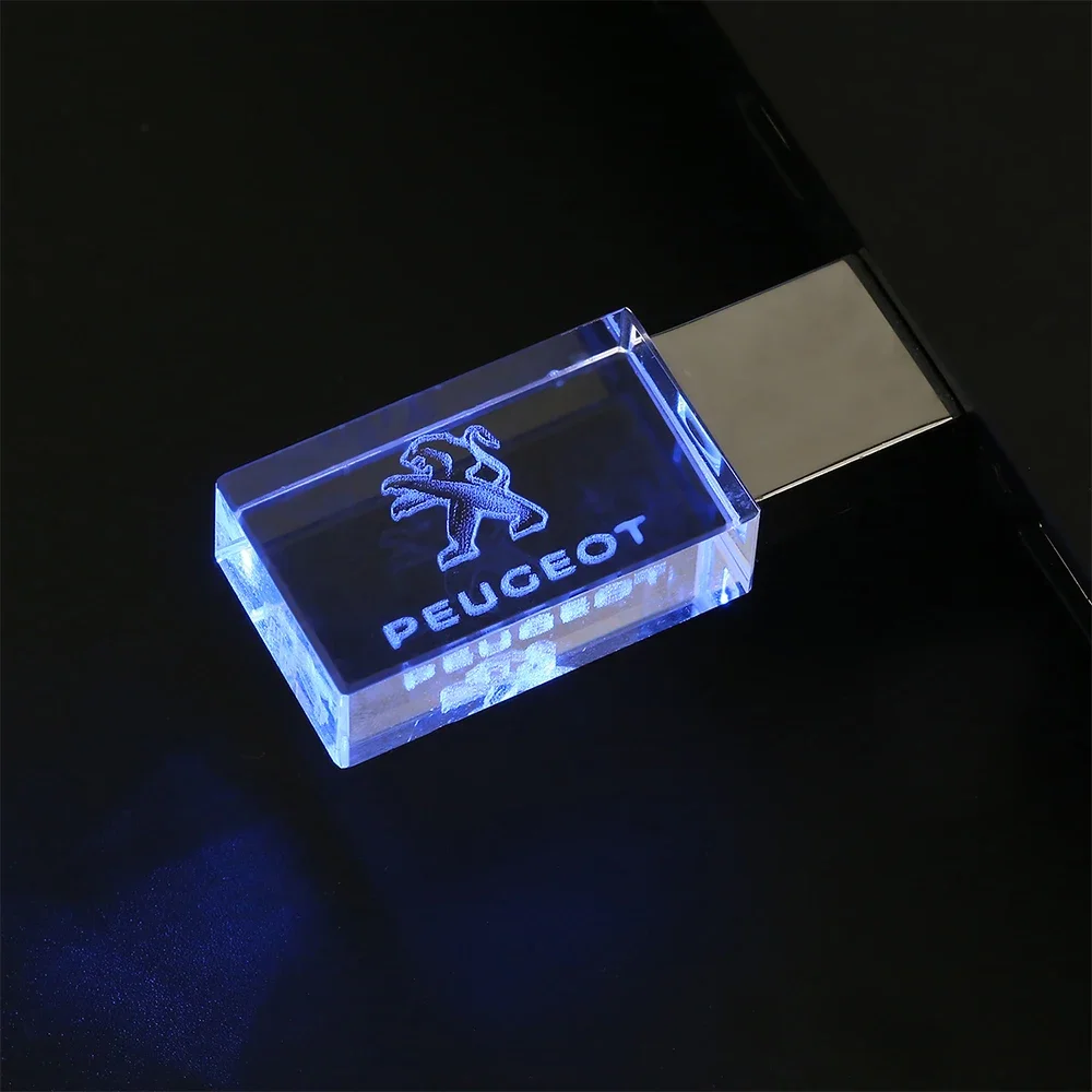 Fashion Car Crystal Metal USB Flash Drive 128GB Free 3D Engraved Logo Memory Stick 64GB Blue LED Light Pen Drive Creative Gift