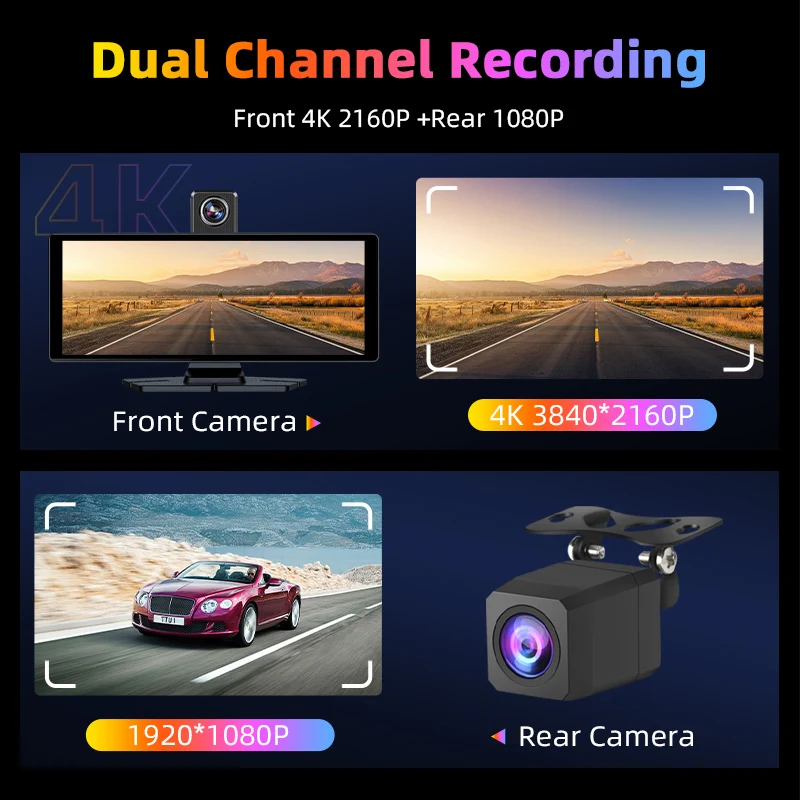 Universal 10.26\'\' 4K 3840*2160 Car DVR Multimedia Wireless Carplay&Android Auto BT AUX Monitor Screen Dashboard GPS Navigation