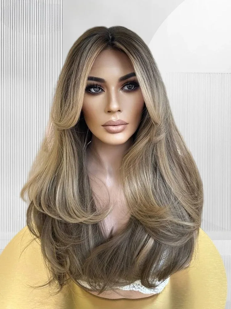 Ombre Brown Blonde Dark Root Highlight Layered Straight Lace Front Wig 200 Density Pre plucked Cosplay For Women Daily Party Use