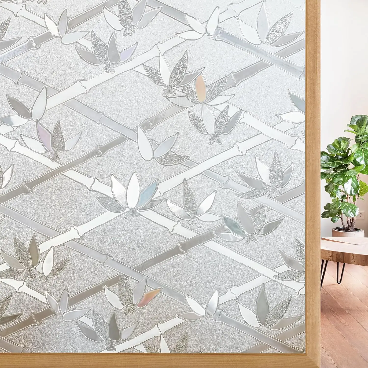 Window Privacy Film Frosted Bamboo Pattern, Removable UV Blocking Stained Glass Decals Covering Decorative Window Cling for Home