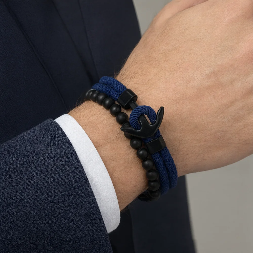 Stylish 2Pcs Anchor Rope Beaded Men Bracelet Set Apparel Accessories Handmade Weaven Strand Braslet Outdoor Leisure Homme Joias