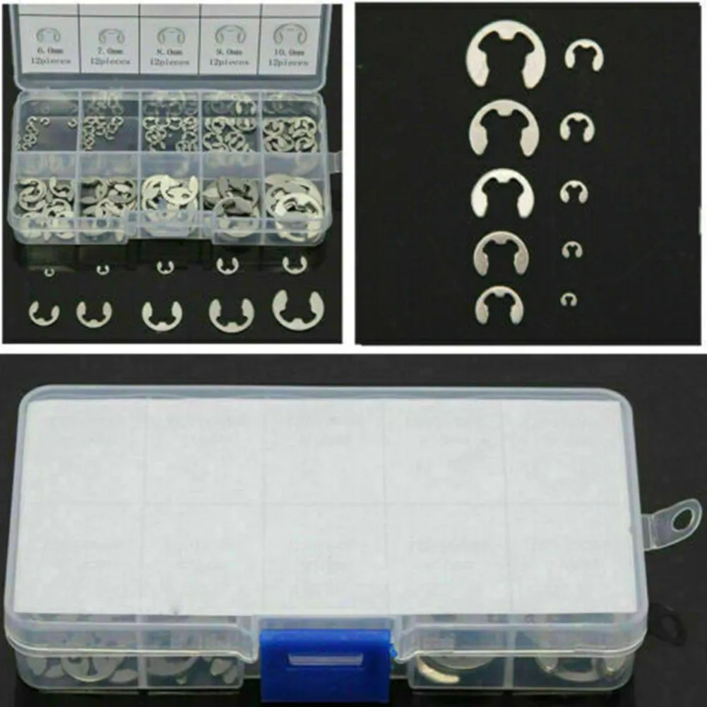120 Unit Stainless Steel E Clip Kit for Shaft Fixation with Sizes from M1.5 to M10 and Reusable Plastic Storage Box