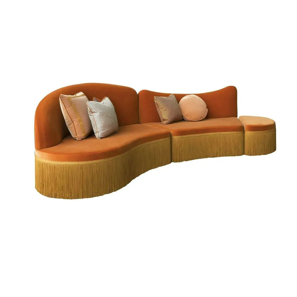 #Art Deco Luxury Elegant Orange Velvet Curved Modular Home Office Tassel Sofa Living Room Fringe Couches for High-end Interiors