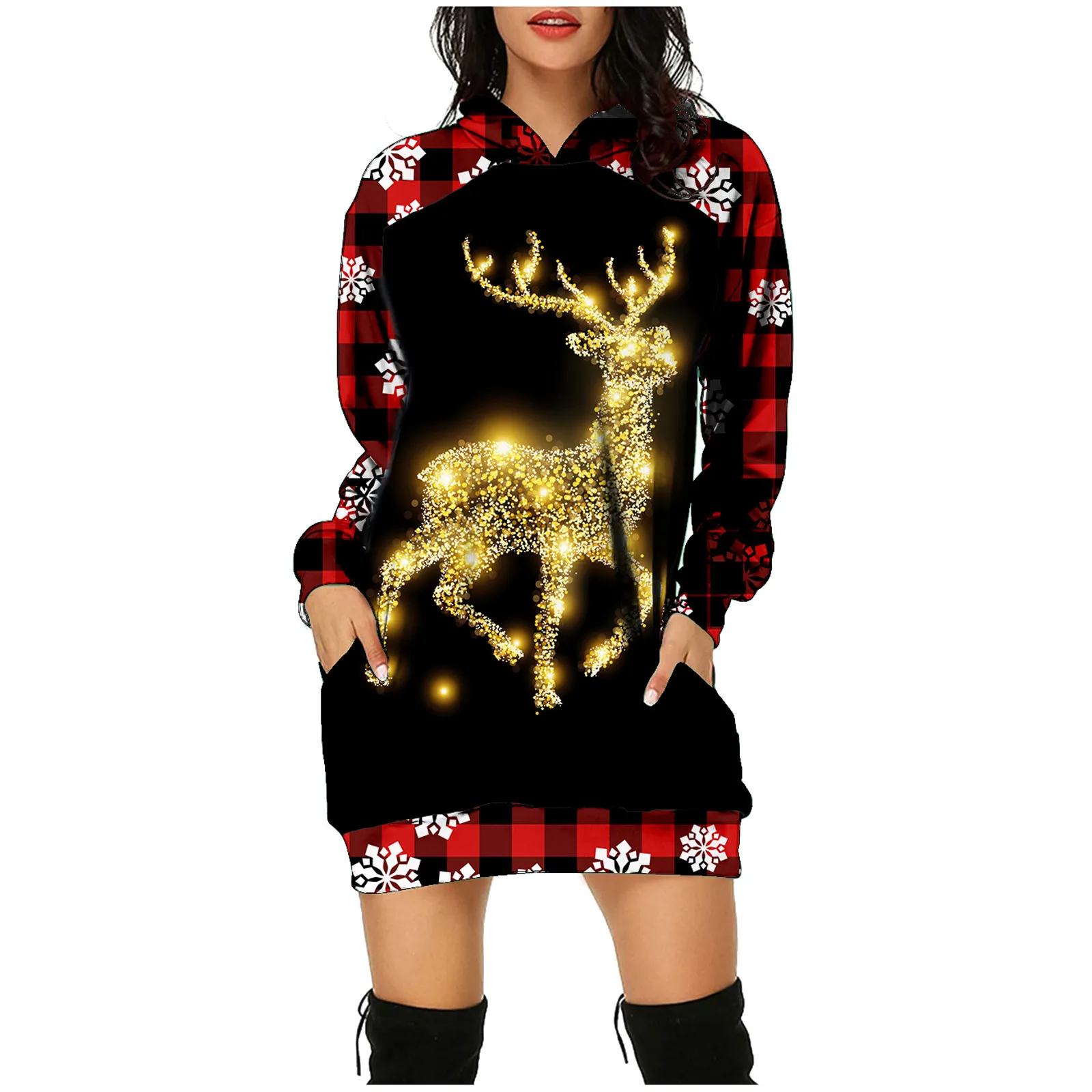 

Gold Reindeer Print Dress Womens Long Sleeve Christmas Vestidos New Year Bodycon Pullover Dresses Xmas Vanatge Party Dresses