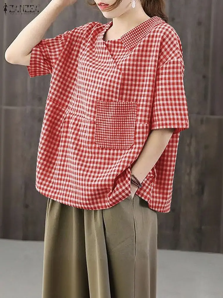 ZANZEA 캐주얼 시크 패치워크 디자인 깅엄 블라우스 여성용 브이넥 드롭숄더 반소매 탑 여름 2025 신상 일상복