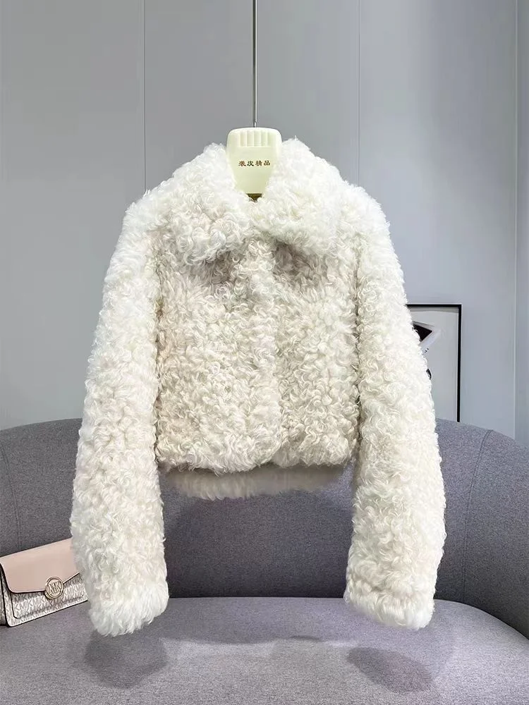 Lamb Fur Jaet Women's Autumn Winter New Sle Thiened ort Collar Flip Cotton Clothes Small Size Fluffy Leather Coats